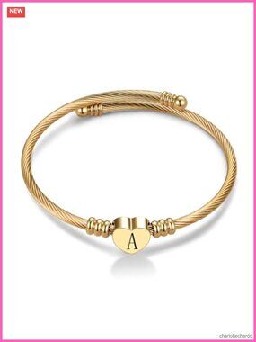 Gold Plated Heart Initial Letter Cuff Bracelet Adjustable Stainless Steel